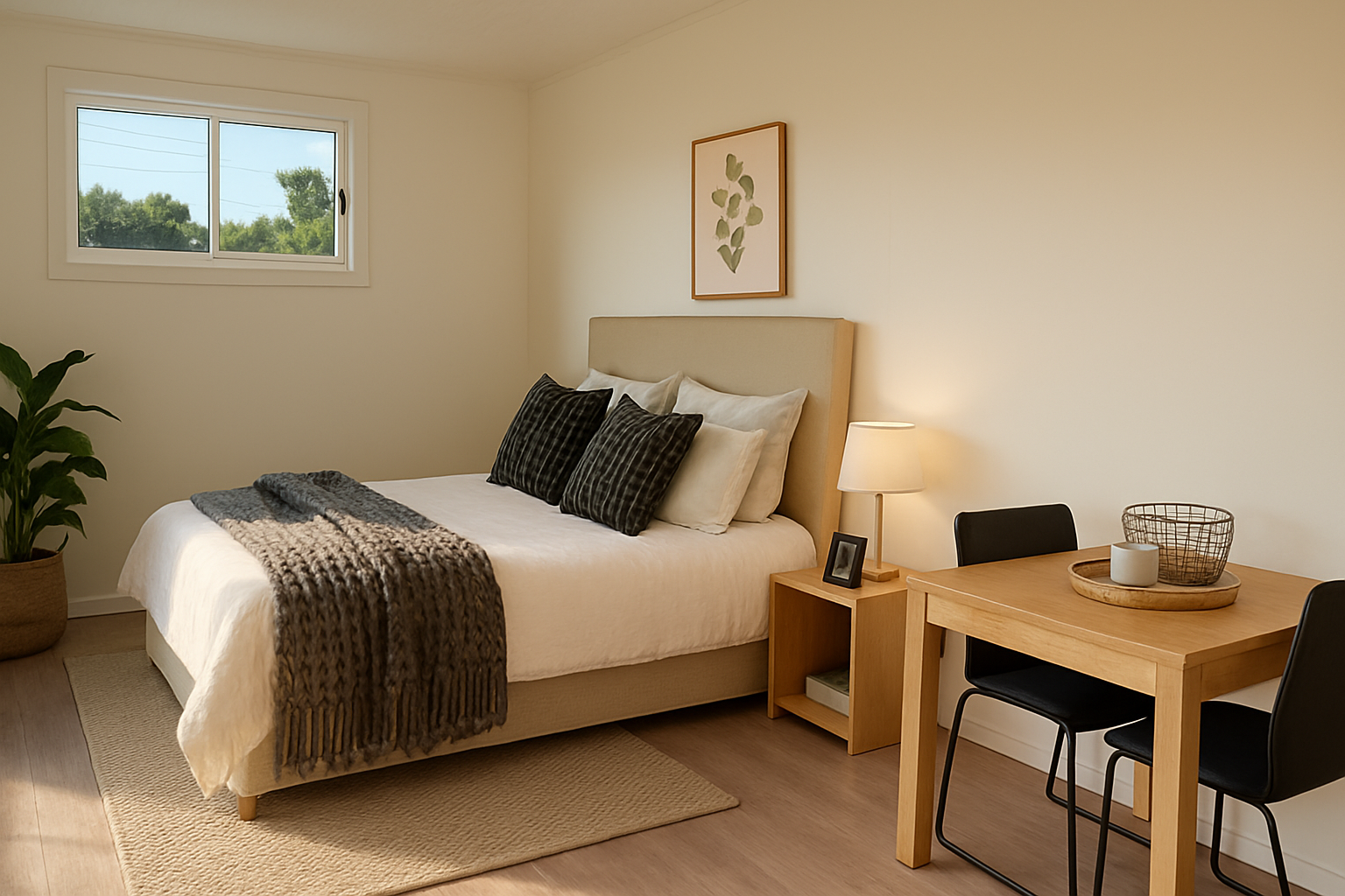 Minimalist Airbnb bedroom with neatly arranged bed and large window