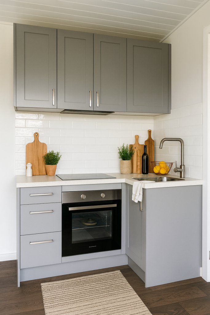 "Modern granny flat kitchenette featuring grey cabinetry, built-in oven, and stainless steel sink