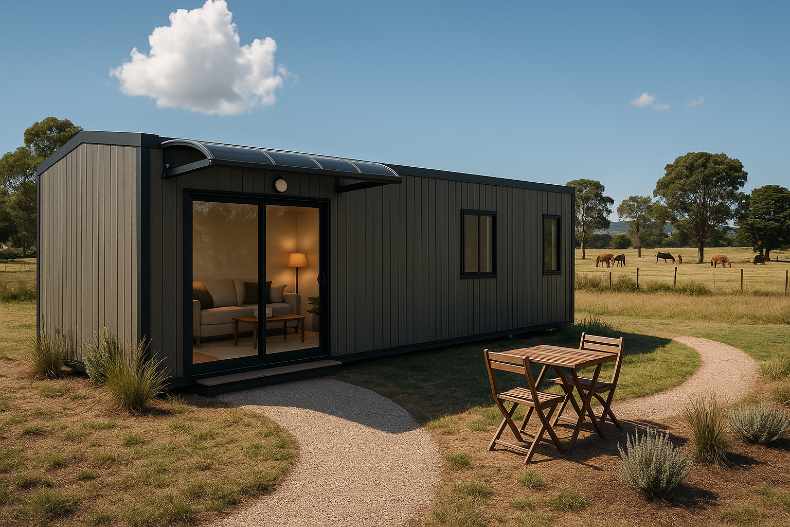 Modern farm stay cabin in a rural setting with natural surroundings