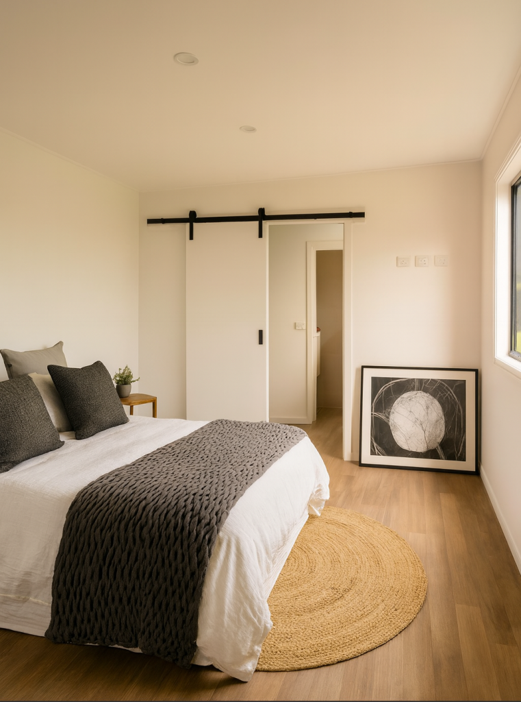 Spacious granny flat master bedroom featuring white barn door and contemporary styling