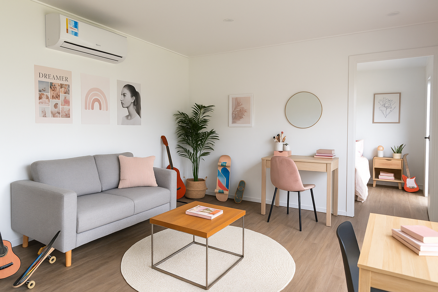 Modern living room designed for teenagers with sofa and bright decor