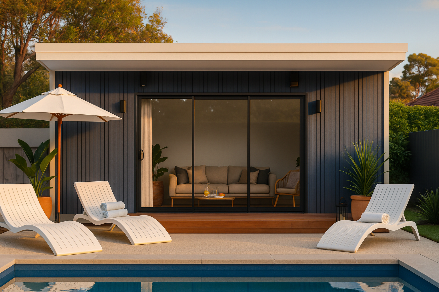 Modern pool house with outdoor swimming pool and lounge area