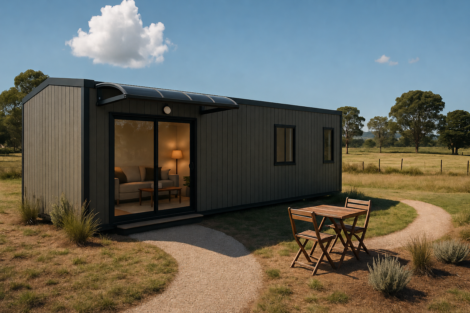 Modern farm stay cabin in a rural setting with natural surroundings